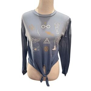 Harry Potter ICONS Blue Ombre Tie Front Long Sleeve Crop Graphic Shirt Junior S